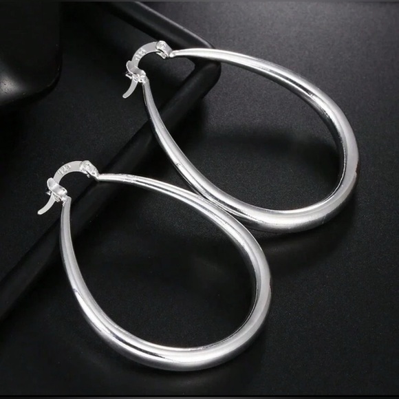 SILVER plated 925 41 mm Drop Shape Hoop Earrings - Picture 1 of 5